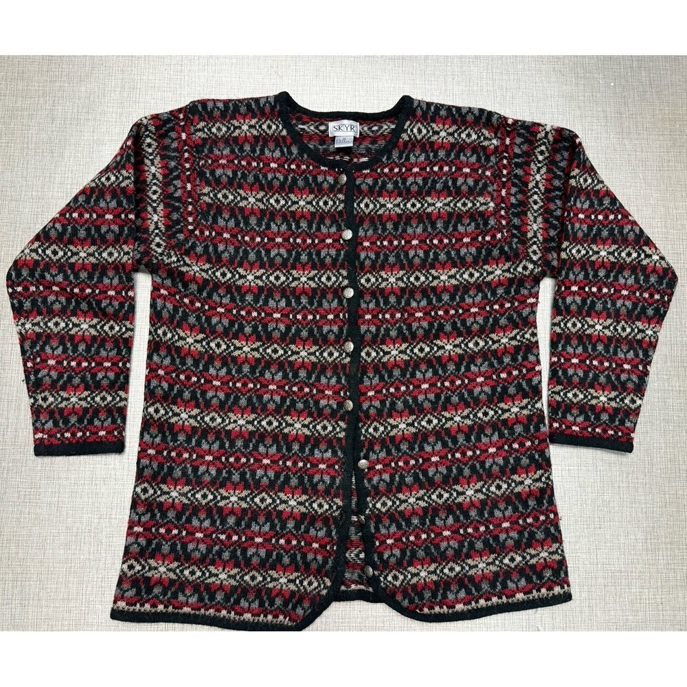 Vtg SKYR‎ Womens Cardigan L Red Fair Isle Sweater Button Crew Knit Wool Long